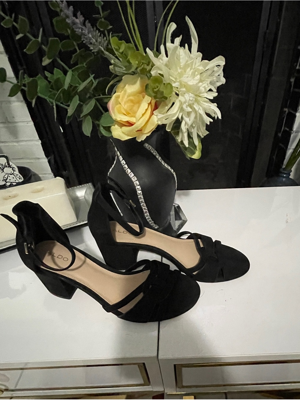 ALDO Black Suede Block Heel Sandals with Ankle Strap